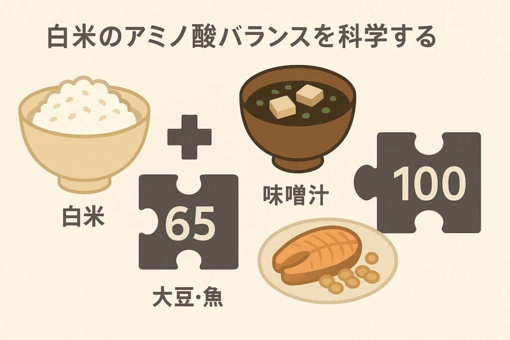 白米+豆、魚。アミノ酸補完図