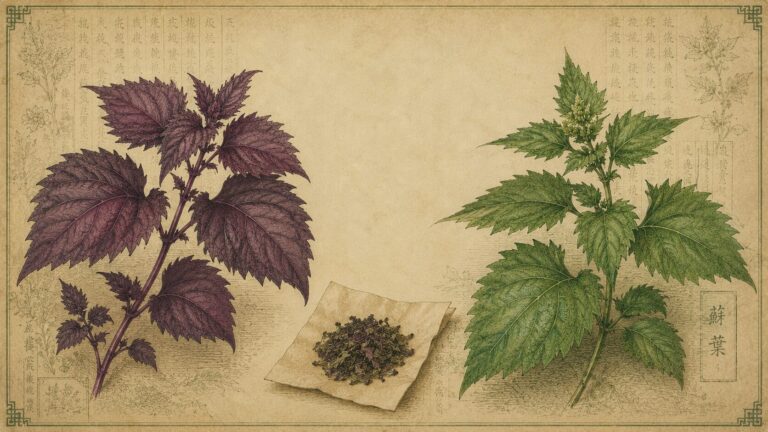 赤紫蘇と青紫蘇を古い薬草書風に並べた植物画