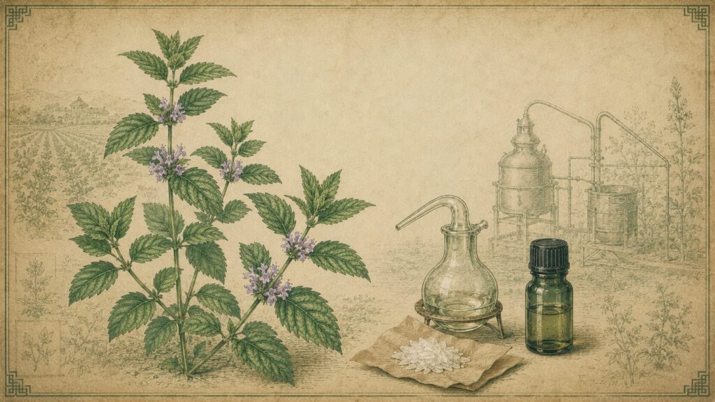 日本薄荷の枝葉とハッカ油を古い薬草書風に描いた植物画