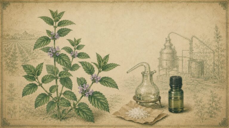 日本薄荷の枝葉とハッカ油を古い薬草書風に描いた植物画
