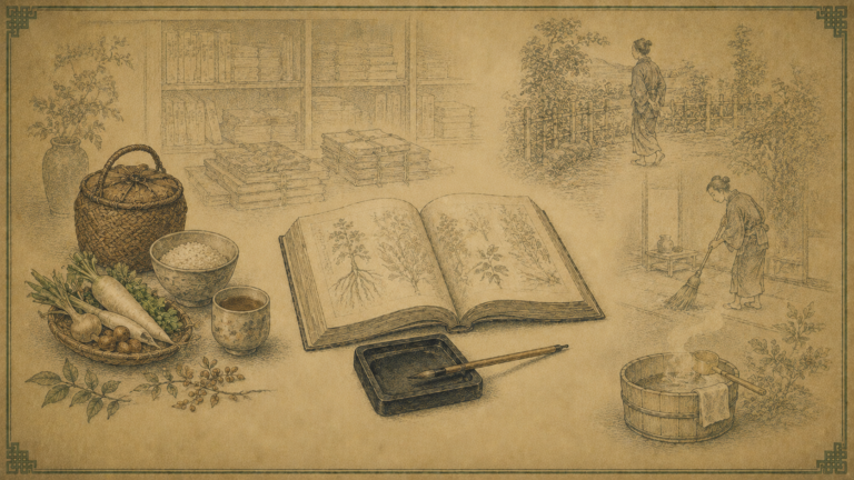 江戸期の養生書、飯椀、薬籠、歩行と掃除の線画で、養生が暮らしへ広がった歴史を表したイメージ