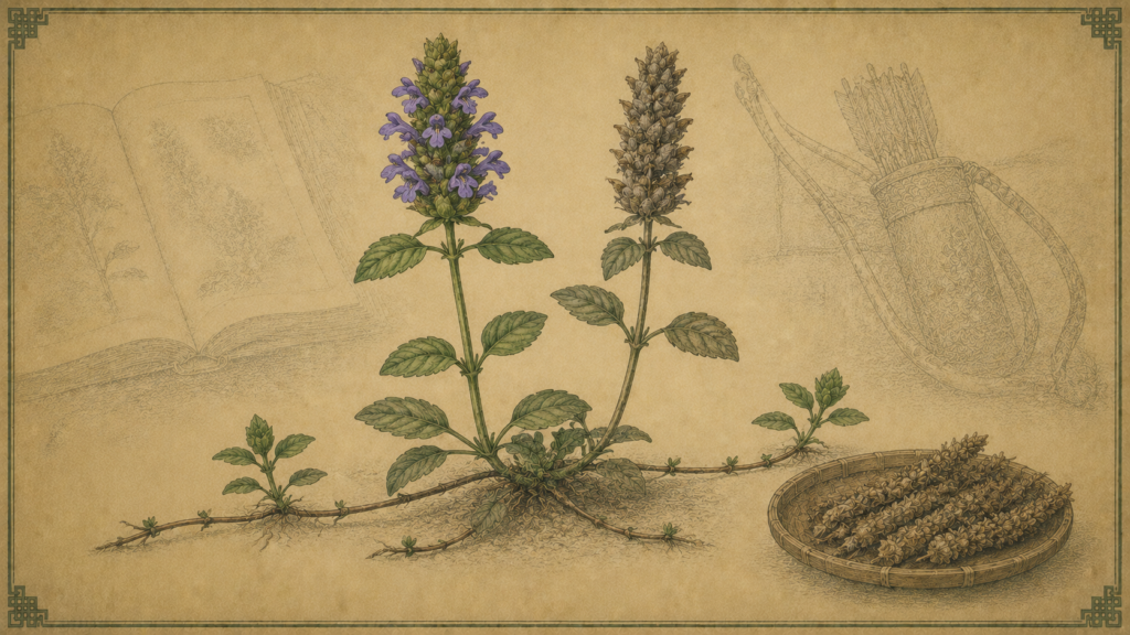 紫色の花をつけたウツボグサと褐色になった花穂、乾燥生薬カゴソウを古い薬草書風に描いた概念イメージ