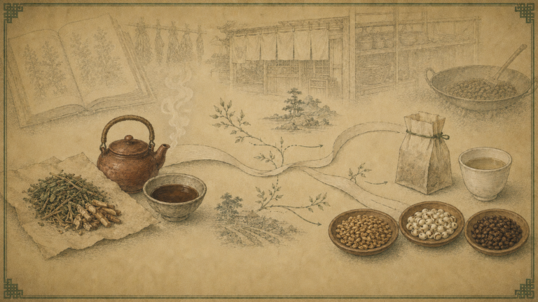 薬包紙に載せた刻み生薬、土瓶の煎じ薬、焙煎した穀物と種子、日常の湯呑みを古い薬草書風に並べた概念イメージ