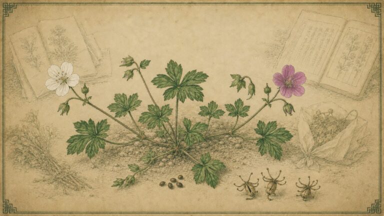 赤花と白花のゲンノショウコ、乾燥した地上部を古い薬草書風に描いた概念イメージ