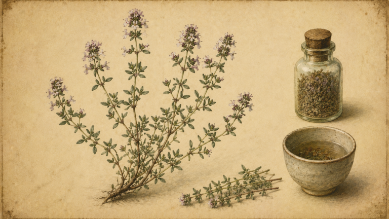 木質化した細い茎に小さな灰緑色の葉と淡い桃色の唇形花をつけたコモンタイムの植物画