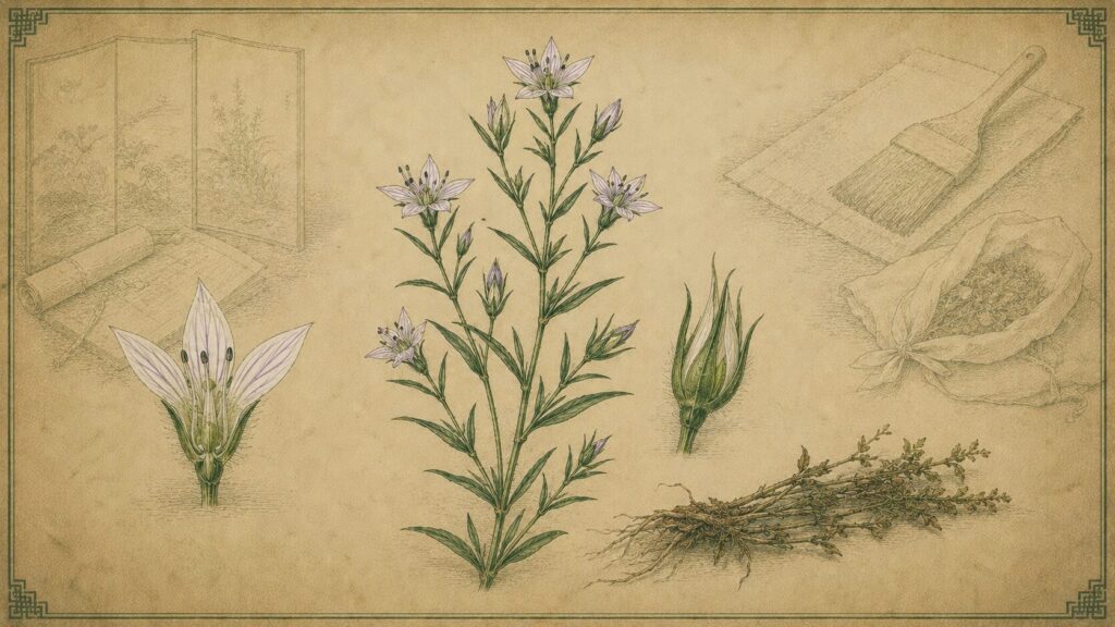 白い星形の花を咲かせるセンブリと乾燥した全草を古い薬草書風に描いた概念イメージ