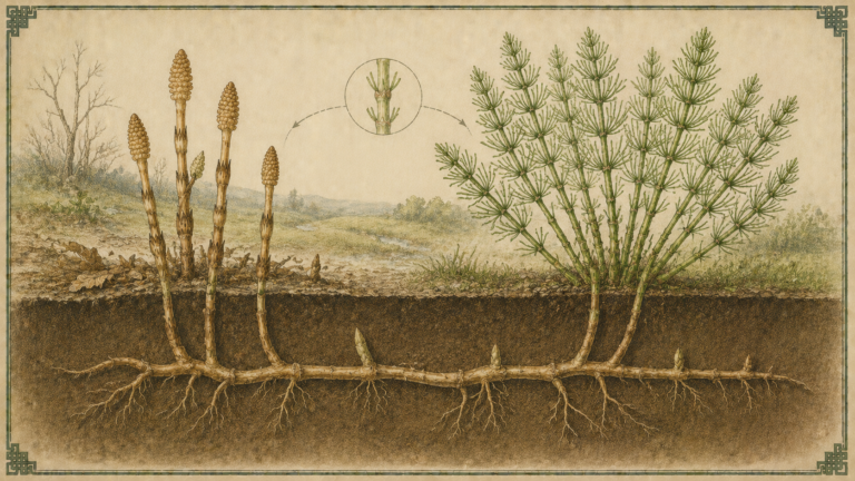 同じ地面から出る茶色いつくしと緑のスギナ、その地下でつながる地下茎を描いた植物画