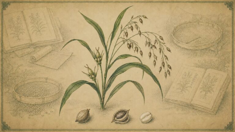 ハトムギの穂と殻付き果実、白いヨクイニンを古い薬草書風に描いた概念イメージ