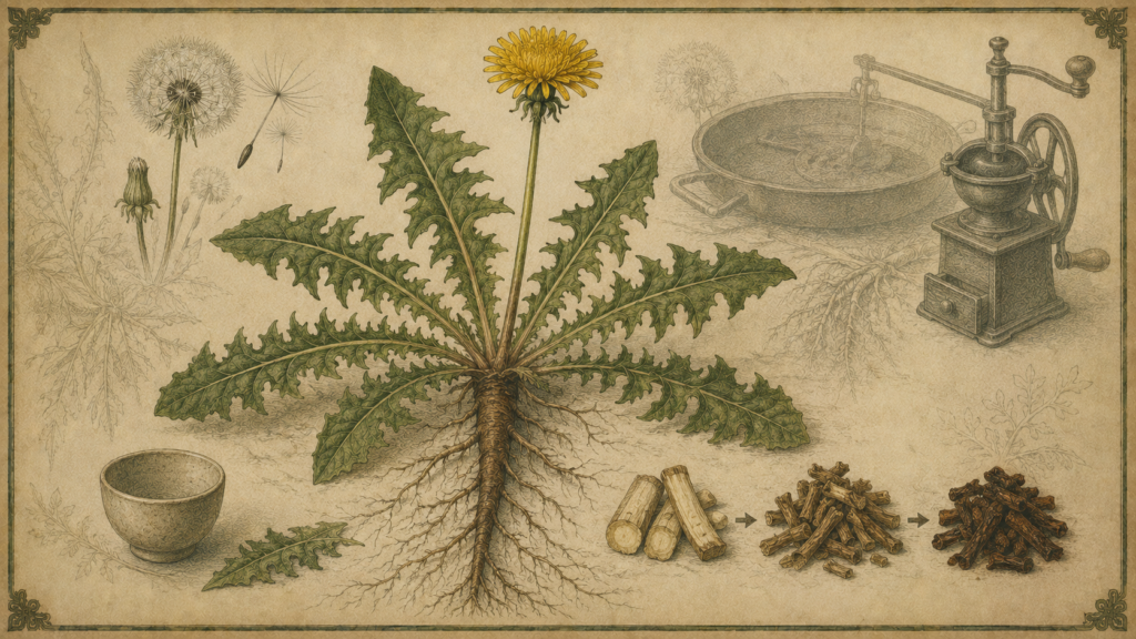 黄色いタンポポの花と葉、切った根、焙煎した根を古い植物画風に描いた概念イメージ