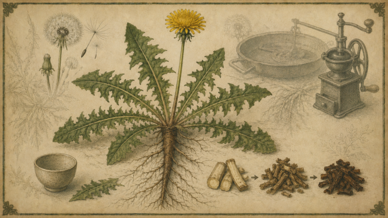 黄色いタンポポの花と葉、切った根、焙煎した根を古い植物画風に描いた概念イメージ