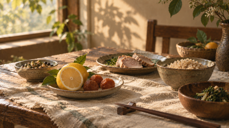 レモンと豚肉・豆・玄米を置いた食卓で、クエン酸とビタミンB1を考える静物画