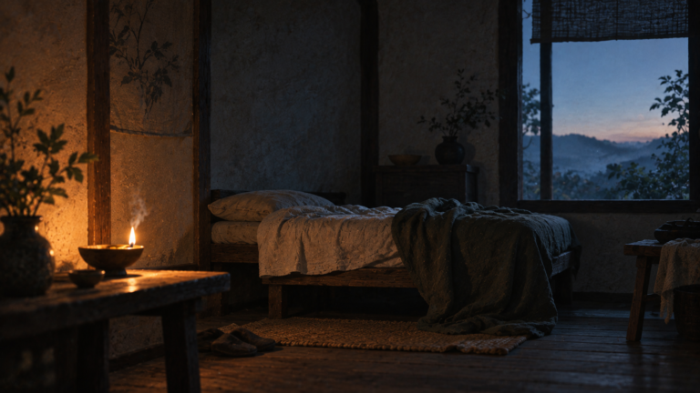 消えかけた灯火と寝台、夜明け前の光で昔の睡眠時間を表した概念的な室内画