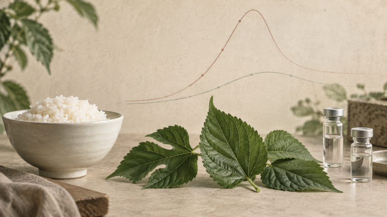 白い茶碗のご飯と桑の葉、その間に食後血糖の穏やかな曲線を描いた科学記事のイメージ