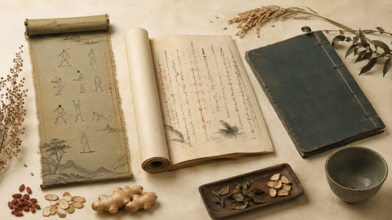 中国の絹の医書、日本の巻物、江戸時代の和綴じ本と茶碗を並べ、養生思想の伝来と変化を表した静物画