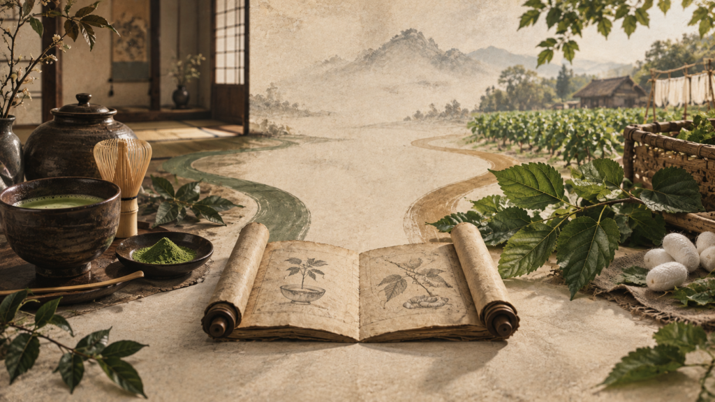 古い『喫茶養生記』風の巻物から、茶碗と桑の枝が左右別々の道へ分かれていく植物文化史の静物画