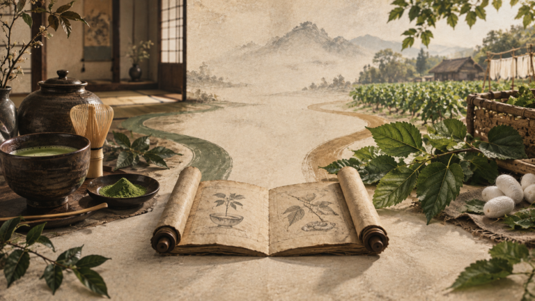 古い『喫茶養生記』風の巻物から、茶碗と桑の枝が左右別々の道へ分かれていく植物文化史の静物画