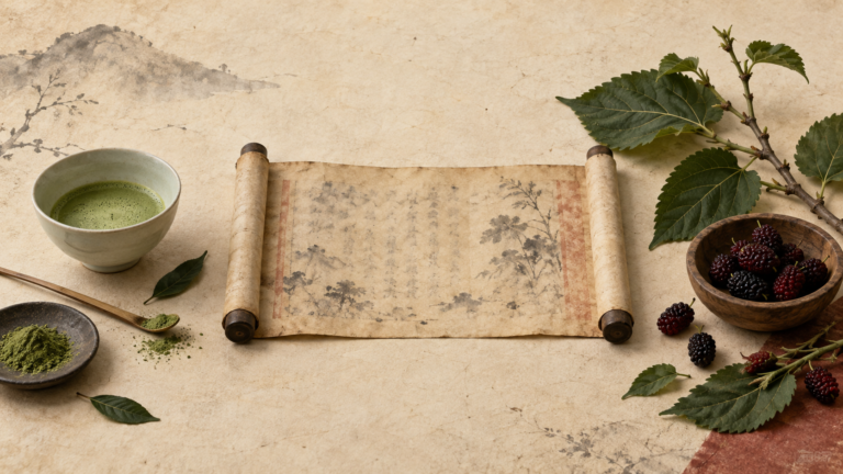 鎌倉時代の巻物を中心に、粉末茶の茶碗、桑の葉と枝を配した『喫茶養生記』を表す静物画