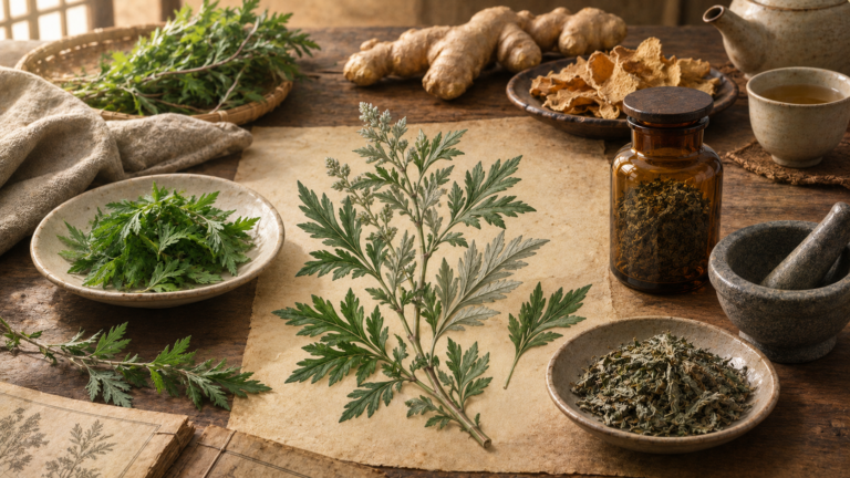 生成りの紙面上に、食用の若葉、乾燥した薬草、薬研、ハーブティーを並べた植物利用の比較イメージ